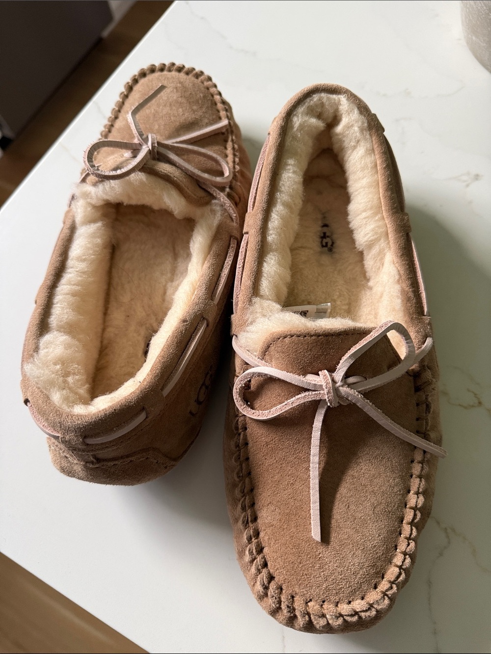 UGG Light Brown Suede Moccasin Slippers with Faux Shearling